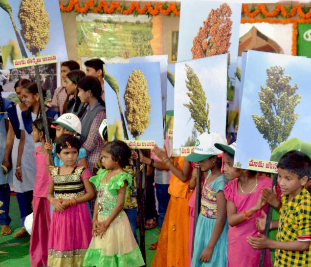 Children at closing ceremony of the 17th Mobile Biodiversity Festival in Machnoor village in Medak district.